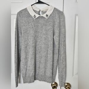 LOFT Gray Crewneck Sweater with Embellished White Peter Pan Collar